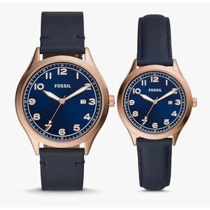 Fossil His and Her Wylie Three-Hand Navy Leather Watch Box Set BQ2470SET